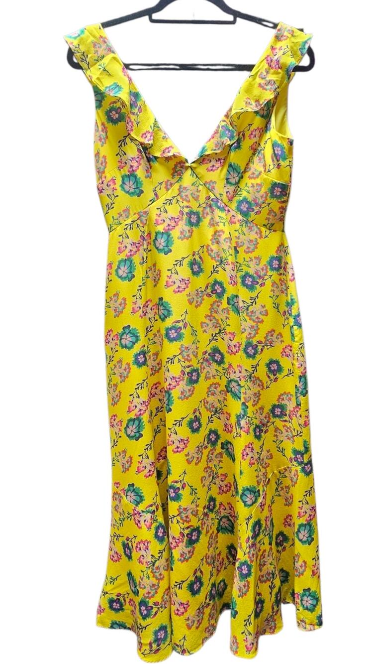 SALONI Holly Dress 6 Yellow Silk Floral Midi Sleeveless Ruffle V Neck $595 MSRP
